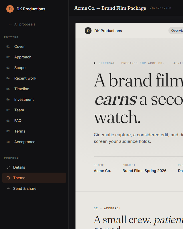 Proposal editor — sidebar with ten sections, Acme Co. brand film preview at centre