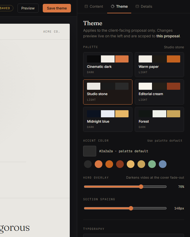 Theme panel — six palette swatches with Studio stone selected, accent picker, hero overlay slider, typography toggles